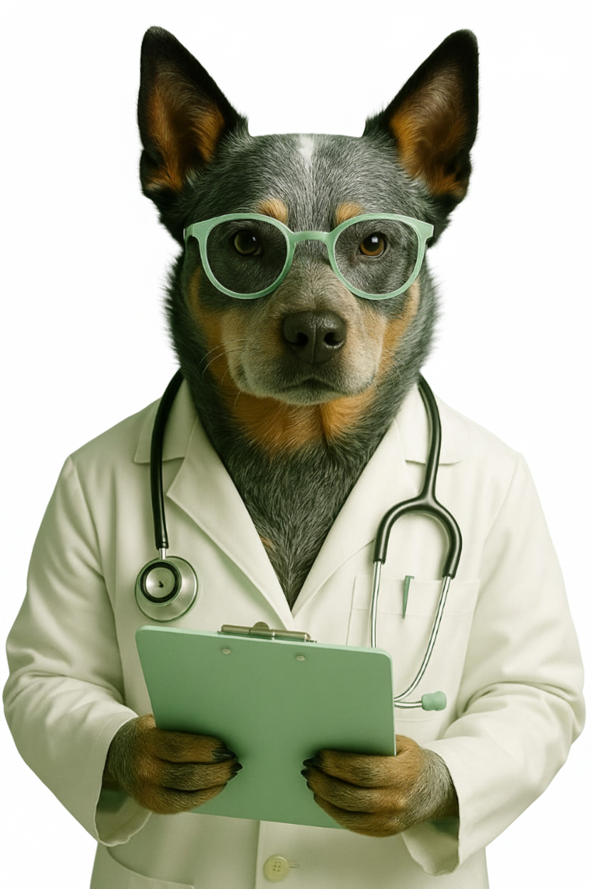 Dr. Cão - Cachorro australiano vestindo jaleco veterinário, óculos e estetoscópio, representando nosso consultor virtual 24/7